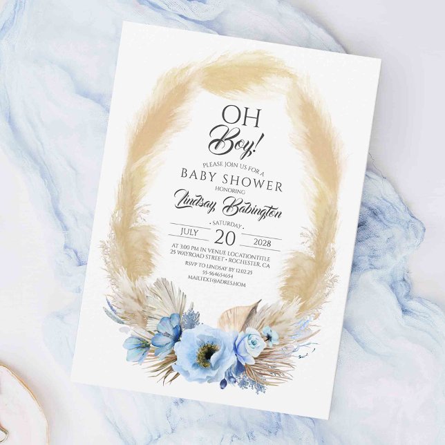 Pampas Grass Dusty Blåa blommor Baby Shower Oh Boy Inbjudningar (Elegant Boho Blue Baby Shower Invitations)