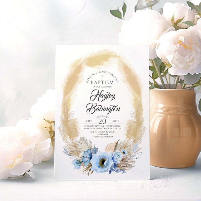 Pampas Grass Dusty Blåa blommor Baptism Inbjudningar (Dusty Blue Baptism Invitations)