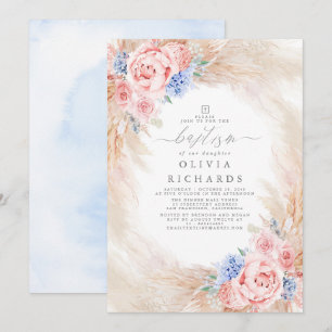 Pampas Grass Dusty Blue och Rosa Baptism Inbjudningar