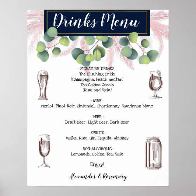 Pampas Grass & Eucalyptus Drinks Menu Bröllop Sign Poster (Framsidan)