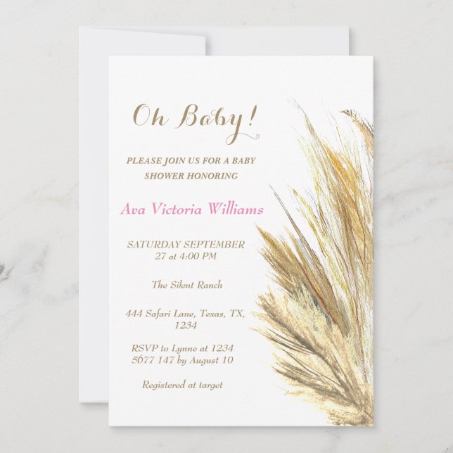 Pampas Grass Flicka Watercolor Rosa Beige Inbjudningar (Framsida)