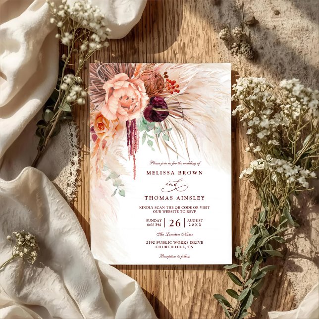 Pampas Grass Floral Terracotta QR Code Wedding Inbjudningar (Skapare uppladdad)