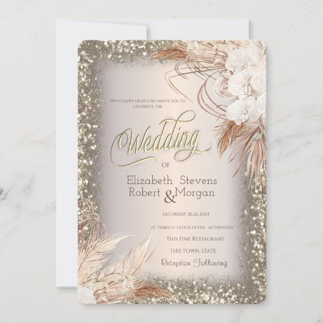 Pampas Grass Flowers Glitter FrameWedding  Inbjudningar (Framsida)