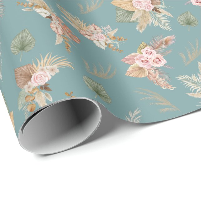 Pampas Grass & Flowers on Bluish Grönt Presentpapper (Rullad Hörn)