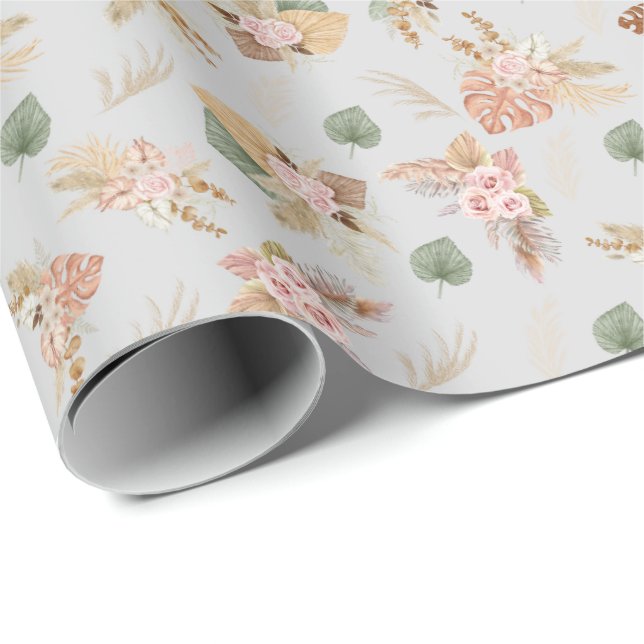 Pampas Grass & Flowers on Light Grått Presentpapper (Rullad Hörn)