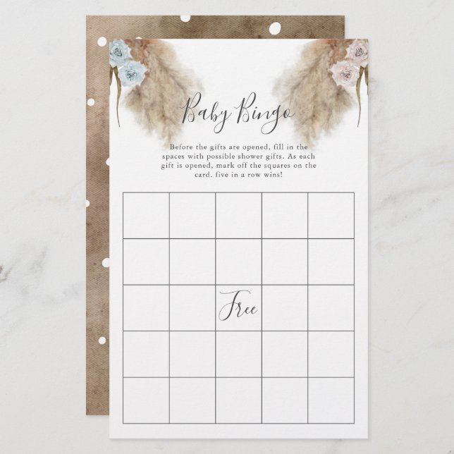 Pampas Grass Gender Reveal Party Baby Bingo Game (Fram/baksida)