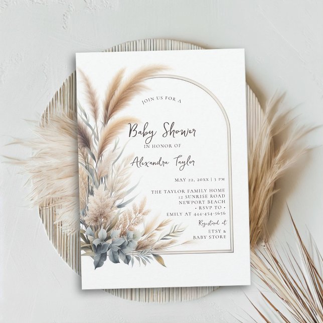 Pampas Grass Greenery Arch Neutralt Baby Shower Inbjudningar (pampas grass baby shower invitation gender neutral watercolor greenery botanical foliage simple boho)