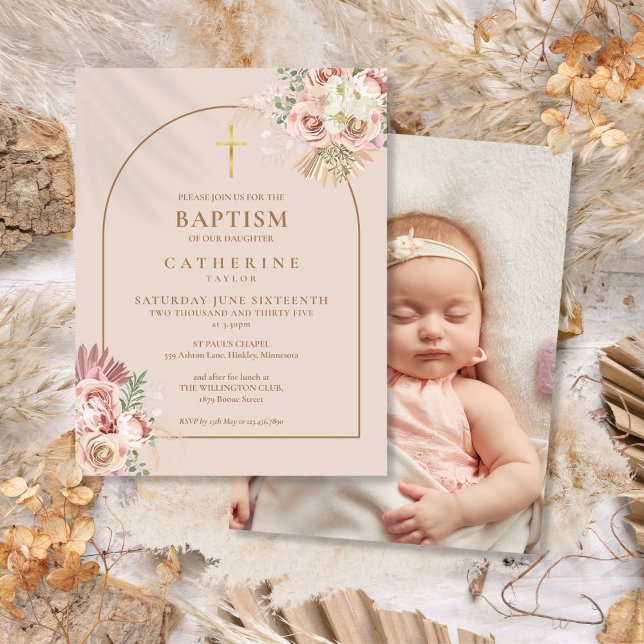 Pampas Grass Guld Arch Photo Baptism Christening Inbjudan Vykort (Pampas Grass Gold Arch Photo Baptism Christening Invitation Postcard)