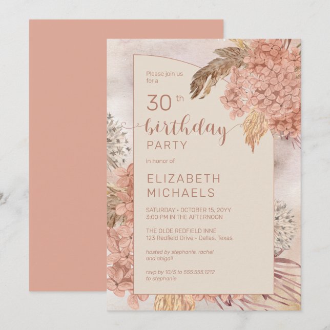 Pampas Grass Hydrangeas Blooms 30års födelsedag Pa Inbjudningar (Fram/baksida)