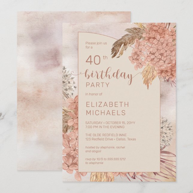 Pampas Grass Hydrangeas Blooms 40:e födelsedagen P Inbjudningar (Fram/baksida)