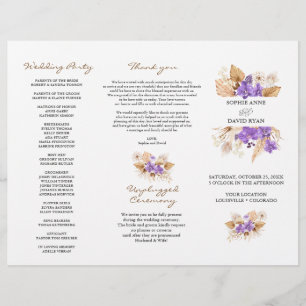 Pampas Grass Lila Orchid TriFold-Bröllopsprogram Reklamblad