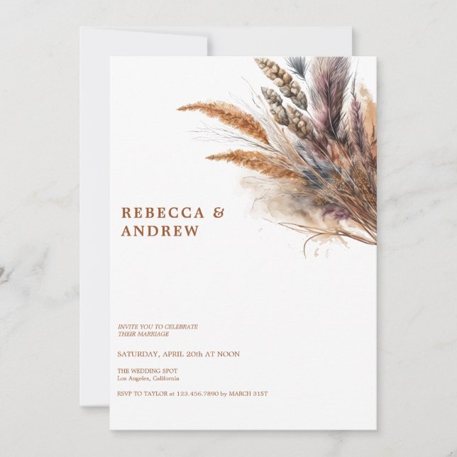 Pampas Grass | Minimalistisk Boho | QR-kod Bröllop Inbjudningar (Framsida)