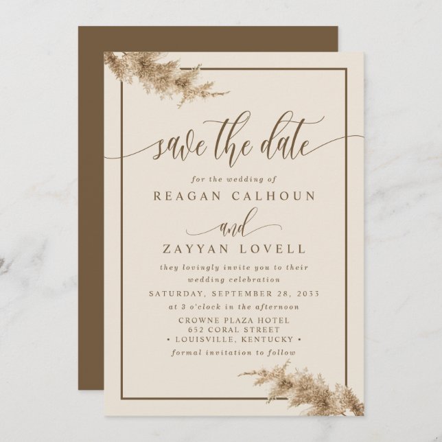 Pampas Grass Modern Calligraphy Save Date Spara Datumet (Fram/baksida)