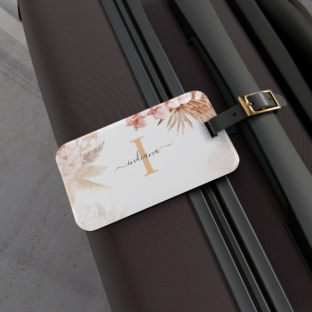 Pampas Grass Monogram Initial Namn Bagagebricka (Pampas Grass Script Monogram Watercolor Luggage Tag)