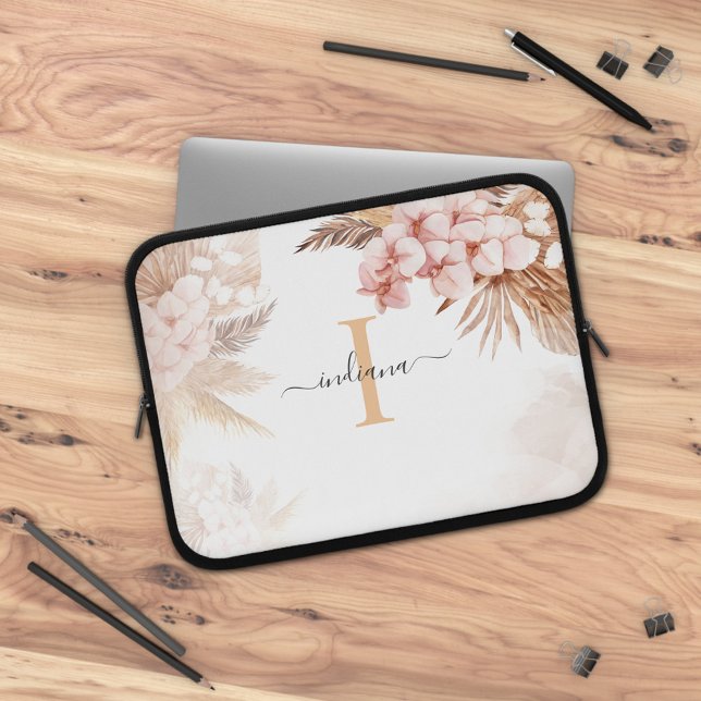 Pampas Grass Monogram Initial Namn-skript Laptop Fodral (Monogram Pampas Grass Script Initial Watercolor Laptop Sleeve)