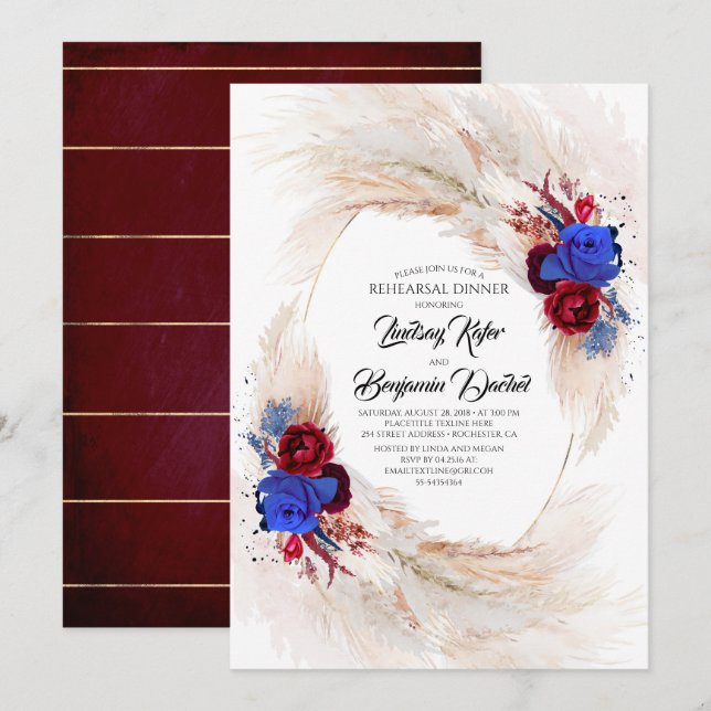 Pampas Grass Navy Blue and Red Rehearsal Middag Inbjudningar (Fram/baksida)
