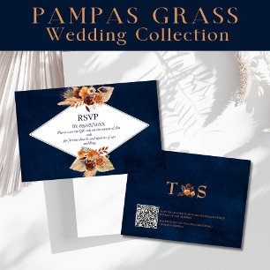 Pampas Grass Navy Blue Autumn Fall QR Code RSVP Anteckningskort