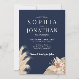 Pampas Grass Navy Blue Bröllop Modern Chic Inbjudningar
