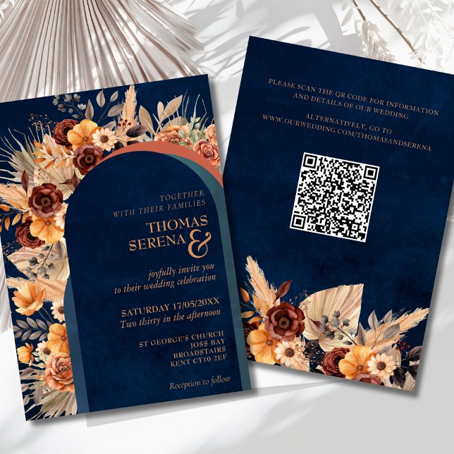 Pampas Grass Navy Blue Terracotta Fall QR Inbjudningar (Skapare uppladdad)