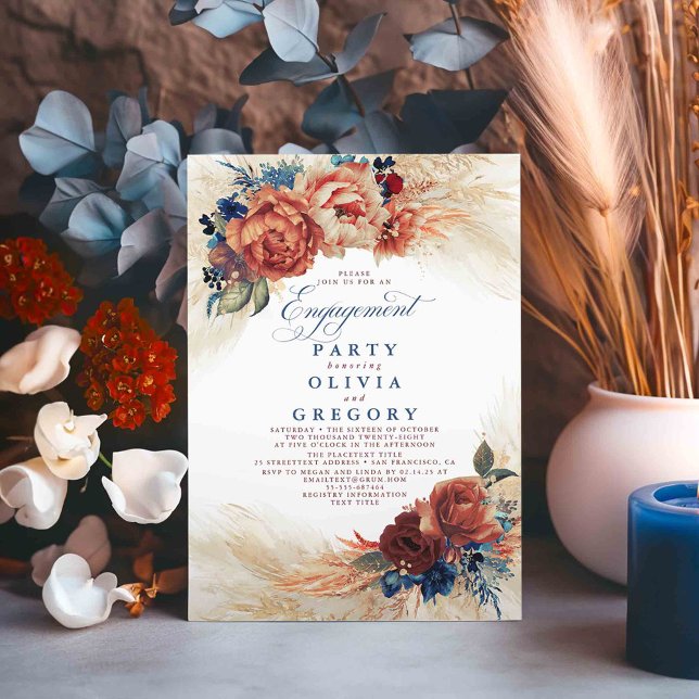 Pampas Grass Navy Blue Terracotta Förlovningsfest Inbjudningar (Navy Blue and Terracotta Fall Engagement Party Invitations)