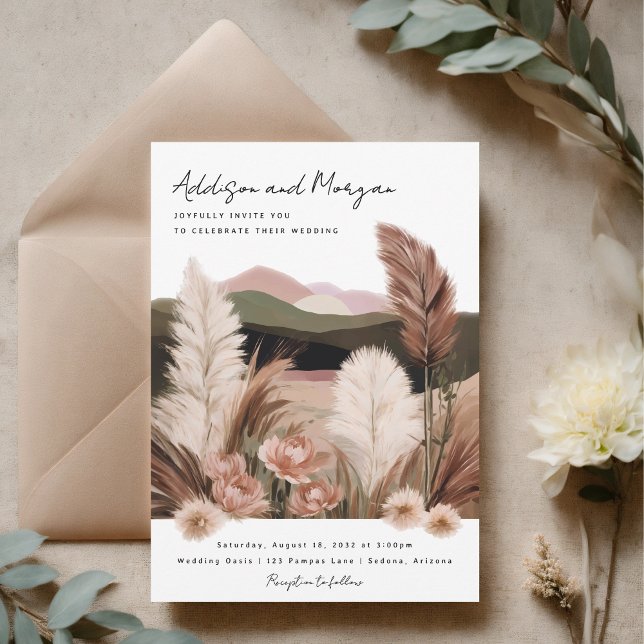 Pampas Grass Neutralt Desert Ligcape Boho Bröllop Inbjudningar (Boho wedding invitation terracotta pampas grass desert landscape watercolor hand painted invite)