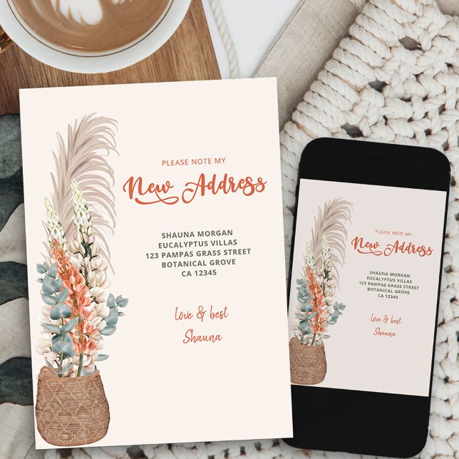 Pampas Grass på Wicker Basket Flytta Meddelande (boho flower basket new address card available printed or as printable digital download)