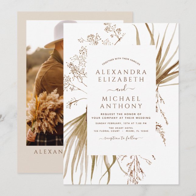 Pampas Grass Photo Bohemian Boho Bröllop Inbjudningar (Fram/baksida)