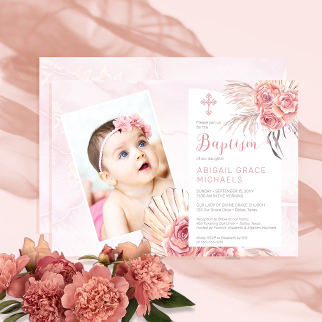 Pampas Grass | Ro Blooms Girl Baby Photo Baptism Inbjudningar (Pampas Grass Rose Blooms Girl Baby Photo Baptism Invitation)