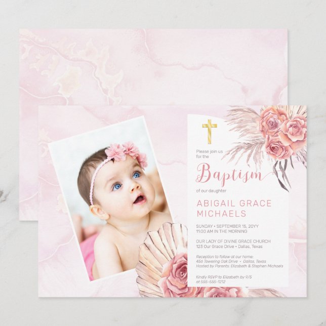 Pampas Grass | Ro Blooms Girl Baby Photo Baptism Inbjudningar (Fram/baksida)