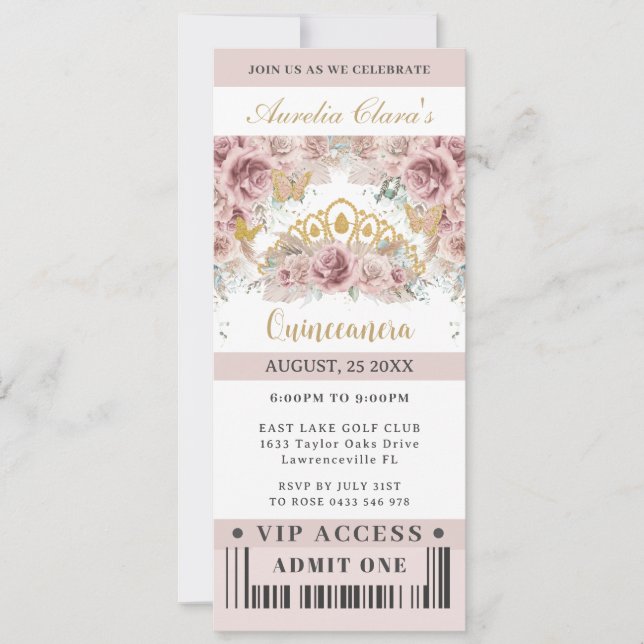 Pampas Grass Ro Quinceañera Sweet 16 VIP Biljett Inbjudningar (Framsida)