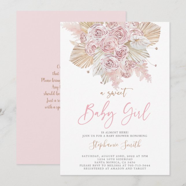 Pampas Grass Rosa Baby Shower Girl Inbjudningar (Fram/baksida)