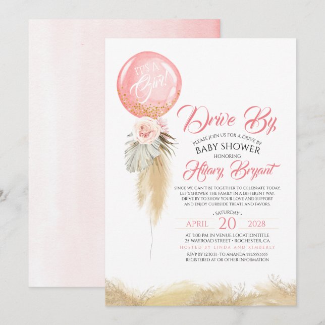 Pampas Grass Rosa Ballon Drive by Baby Shower Inbjudningar (Fram/baksida)
