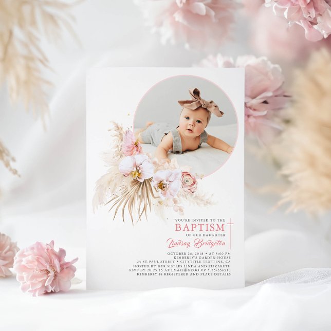 Pampas Grass Rosa Blommigt Baptism Foto Inbjudningar (Floral Elegant Modern Baptism Photo Invitations for Girl)