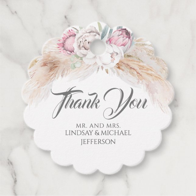 Pampas Grass Rosa Blommigt Bröllop Tack Gåvor Etiketter (Framsida)