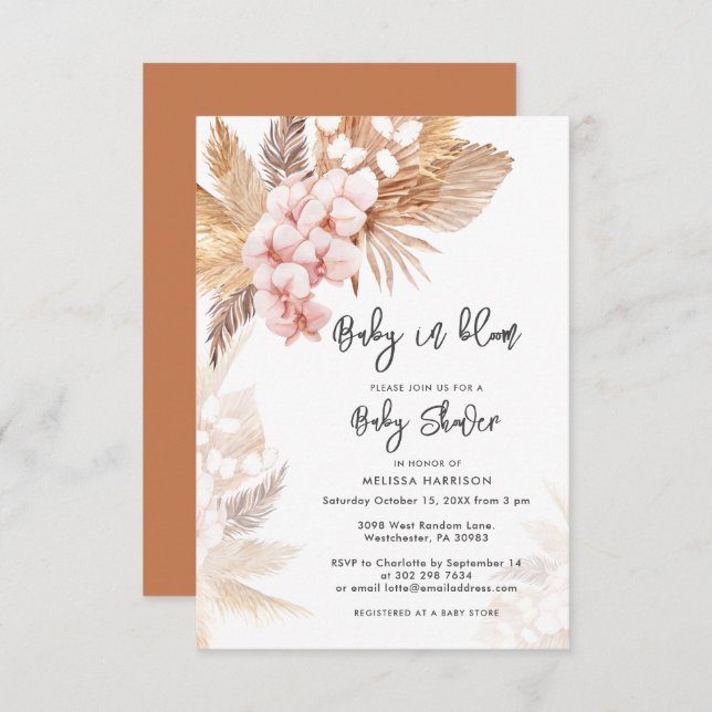 Pampas Grass Rosa Blommigt Girl Baby Shower Inbjudningar (Fram/baksida)