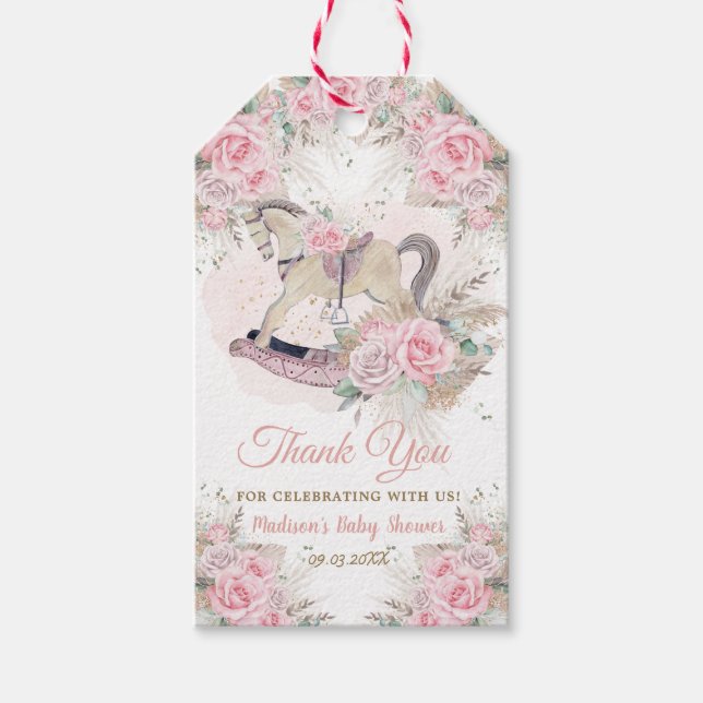 Pampas Grass Rosa Blommigt Rocking Horse Baby Show Presentetikett (Framsidan)