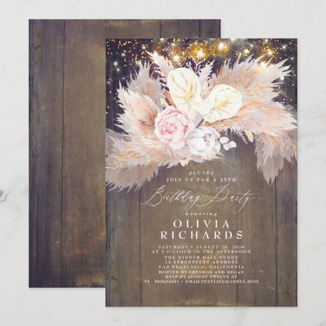 Pampas Grass Rosa Blommigt Rustic Birthday Inbjudningar (Fram/baksida)