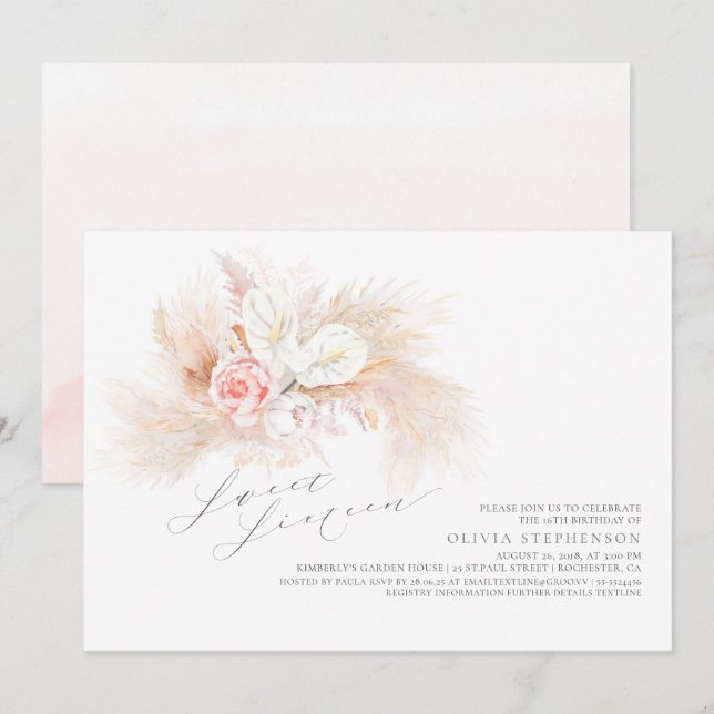 Pampas Grass Rosa Blommigt Sweet sixteen Birthag Inbjudningar (Fram/baksida)