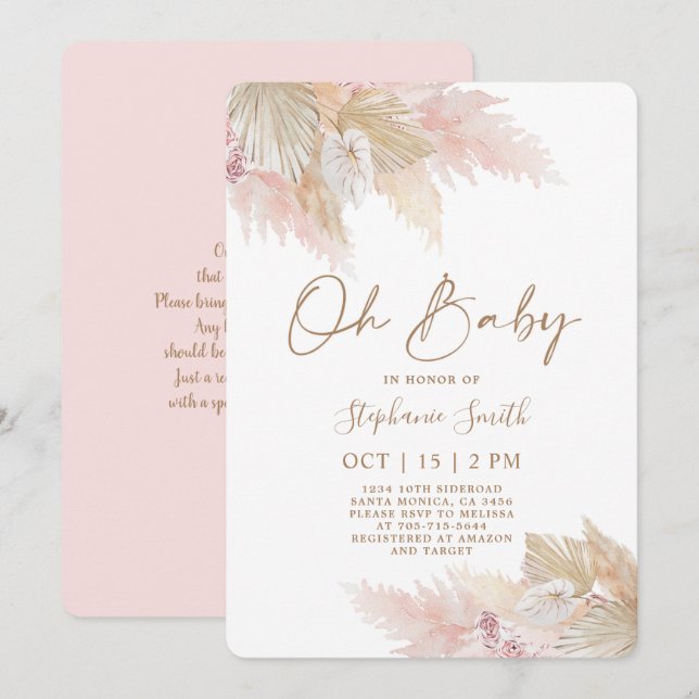 Pampas Grass Rosa Boho Chic Baby Shower Girl Inbjudningar (Fram/baksida)