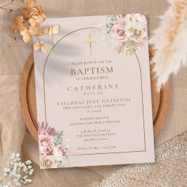 Pampas Grass Rosa Guld Arch Baptism Christening Inbjudan Vykort
