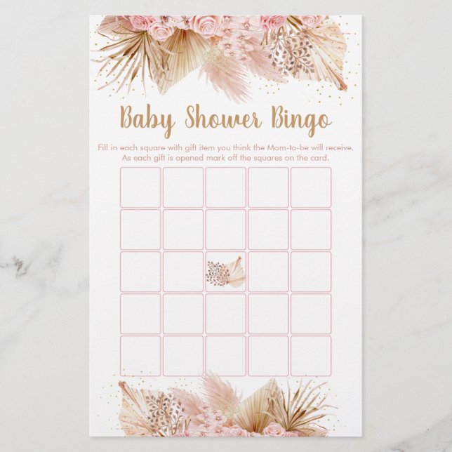 Pampas Grass Rosa Guld Baby Shower Bingo Game (Framsida)