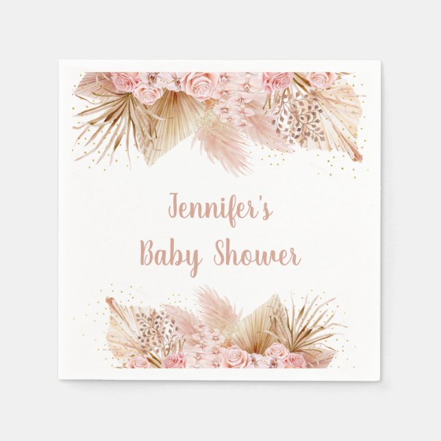 Pampas Grass Rosa Guld Blommigt Baby Shower Pappersservett (Framsidan)