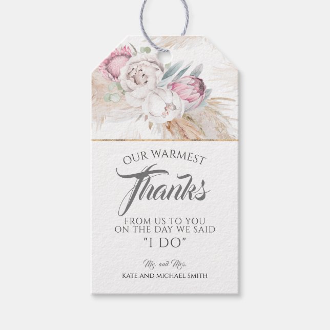 Pampas Grass Rosa Kung Protea Bröllop Tack Presentetikett (Framsidan)