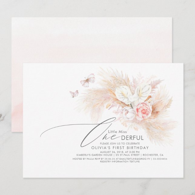 Pampas Grass Rosa Lilla miss Onederlig födelsedag Inbjudningar (Fram/baksida)