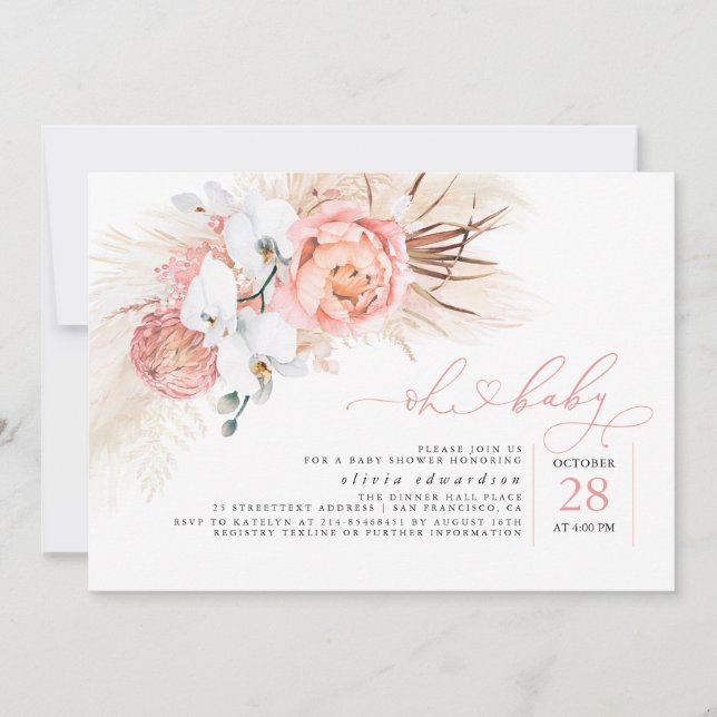 Pampas Grass Rosa Oh Baby Shower-inbjudan Inbjudningar (Framsida)