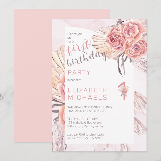 Pampas Grass |Rosa ros Bloom 1:a födelsedag Party Inbjudningar (Fram/baksida)