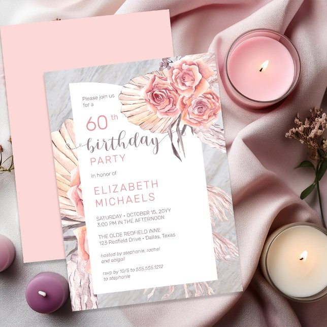 Pampas Grass |Rosa ros Blooms 60:e Födelsedagsfest Inbjudningar (Pampas Grass & Pink Rose Blooms 60th Birthday Invitation - Print | Digital Download)