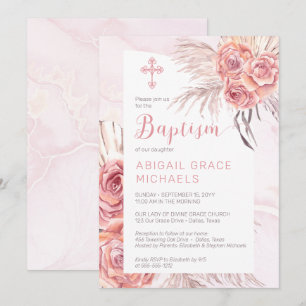 Pampas Grass  Rosa ros Blooms Girl Baby Baptism Inbjudningar