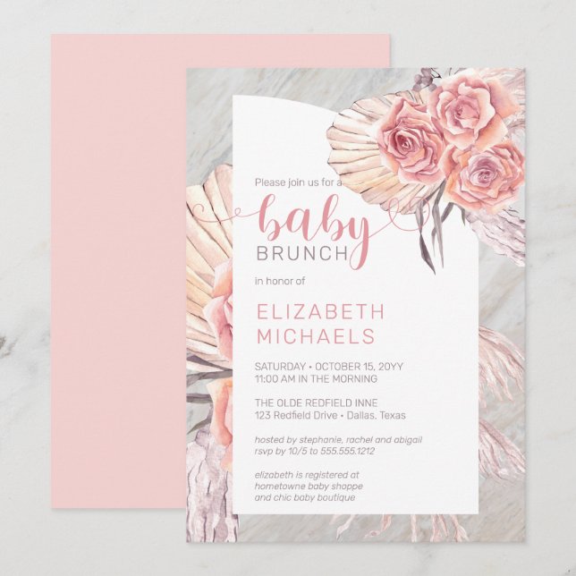 Pampas Grass |Rosa ros Blooms Girl Baby Brunch in  Inbjudningar (Fram/baksida)