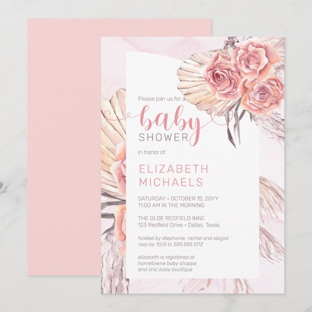 Pampas Grass |Rosa ros Blooms Girl Baby Shower Inbjudningar (Fram/baksida)